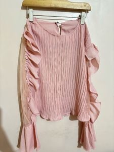Chic Pink Pleated Ruffle Sleeve Top