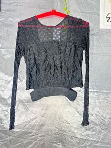 ZARA Black Lace V-Neck Long Sleeve Crop Top