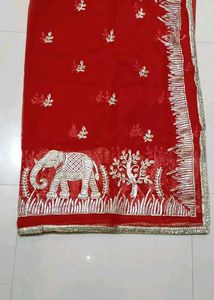 Red Saree with Elephant & Tree Embroidery