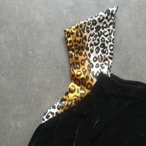 Black Velvet Top with Leopard Print Trim