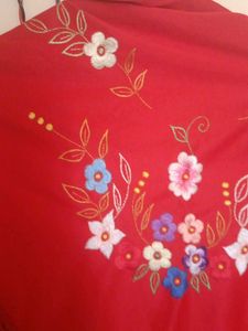 Beautiful Red Embroidered Shawl with Fringe