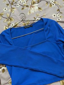Blue Ribbed Square Neck Crop Top