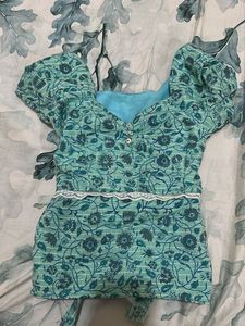 Y2k Floral button down lace trim teal crop top