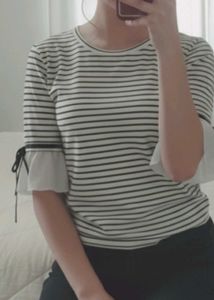 Striped Tee with Tie Sleeve Detail