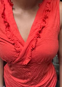 Coral Ruffle Neck Sleeveless Top
