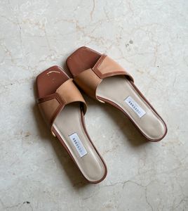 Tan Heeled Slider Sandals