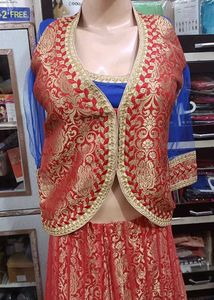 Red &amp; Gold Brocade Lehenga Set with Jacket