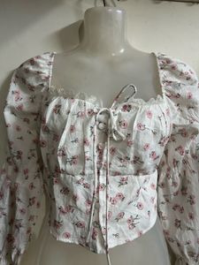 White Floral Print Square Neck Top