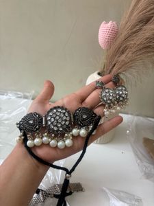 Elegant Oxidized Choker Necklace with Pearls