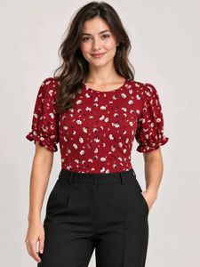 Chic Red Floral Puff Sleeve bodysuit