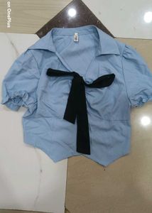 Chic Blue Puff Sleeve Top with Black Bow