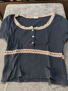 Cute Lace Trimmed Dark Blue Top