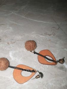 Wooden Teardrop Earrings with Pom Poms
