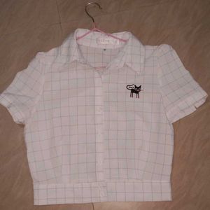Cute Cat Print Cropped Shirt