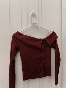 Maroon Off-Shoulder Button-Up Top