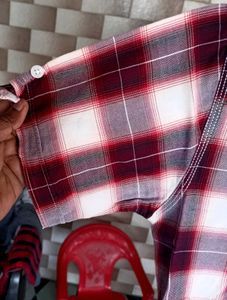 3 Shirt Maroon &amp; White Plaid Short Sleeve Shir