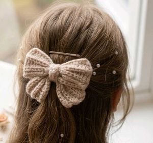 Handmade Pearl-Embellished Crochet Hair Bow - Beig