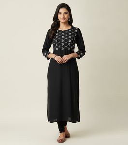 Black Kurta with White Floral Embroidery