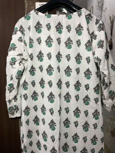 White Kurta with Green Floral Print