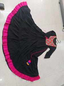Black & Pink Embroidered Ruffled Flare Dress