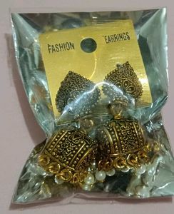Golden Jhumka Earrings with Pearls