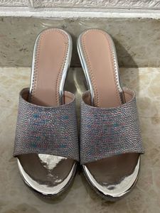 Sparkly Silver Wedge Slides