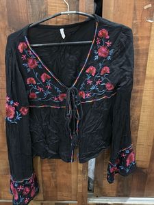 Boho Embroidered Black Top