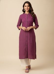 Embroidered Mauve Lucknowi Front open Linen Kurta