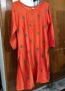 Embroidered Orange Kurta with Teal Dupatta