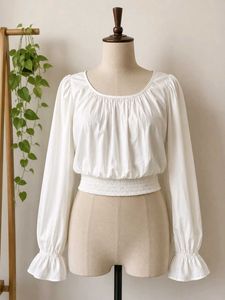 White Smocked Waist Long Sleeve Blouse