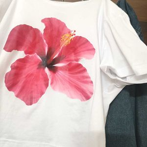 White T-Shirt with Pink Hibiscus Print