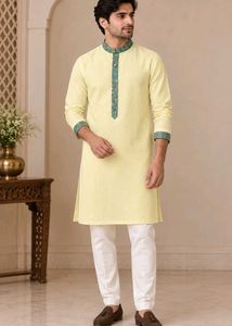 Men's premium Lemon Kurta with Brocade Detailing