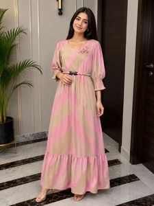 Chic Pink & Beige Striped Maxi Dress