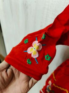 Red Cotton Frock With Embroidery