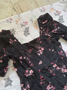 Black Floral Puff Sleeve Midi Dress