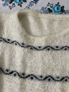 Cozy White Knit woolen dress with Black Detail