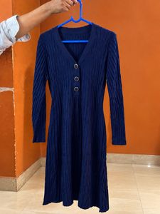 Women’s Navy Blue Pleated A-Line Midi Dress