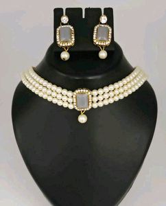 Elegant Pearl & Grey Stone Choker Set