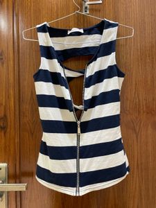 Striped Zip-Up Sleeveless Top