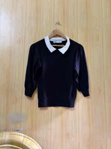 Zara Black Puff Sleeve Top with White Collar