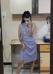 Purple Striped Shirt Dress with Waist Tie