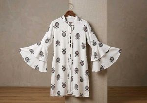 White Floral Print Bell Sleeve Kurta