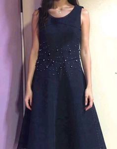 Elegant Navy Dress with Pearl Accents