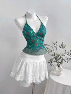 y2k Elegant Teal Floral Halter Top