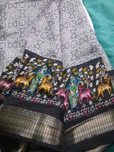 Elegant Grey Saree with Deer Motif
