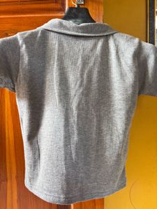 Grey Ribbed Polo Crop Top