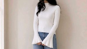 White Ribbed Bell Sleeve Turtleneck Top
