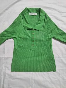 Ribbed Collared Button-Up Long Sleeve Top