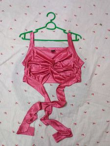 Stylish Pink Satin Twist Front Halter Top