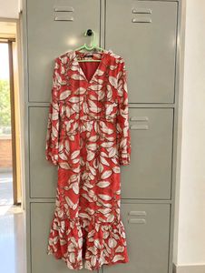 Vibrant Orange Leaf Print Maxi Dress